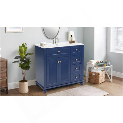 Meuble-lavabo bleu 36 po avec lavabo en céramique - Tiroirs à fermeture en douceur, structure en bois, rangement multi-organisateur
