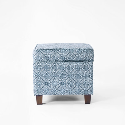 Pyp Square Storage Ottoman, 18 Inch Indigo Blue Print, Walnut Brown by Benjara