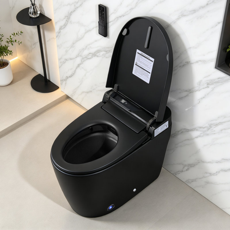 Toilette intelligente noire conforme aux normes ADA avec siège chauffant, bidet intégré, séchoir à air chaud, ouverture automatique du couvercle, télécommande, veilleuse, entraxe de 30,5 cm (12 po).