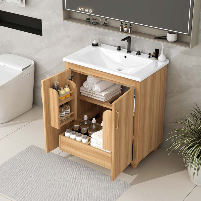 Meuble-lavabo autoportant avec lavabo en céramique, armoire de rangement moderne avec portes et tiroir
