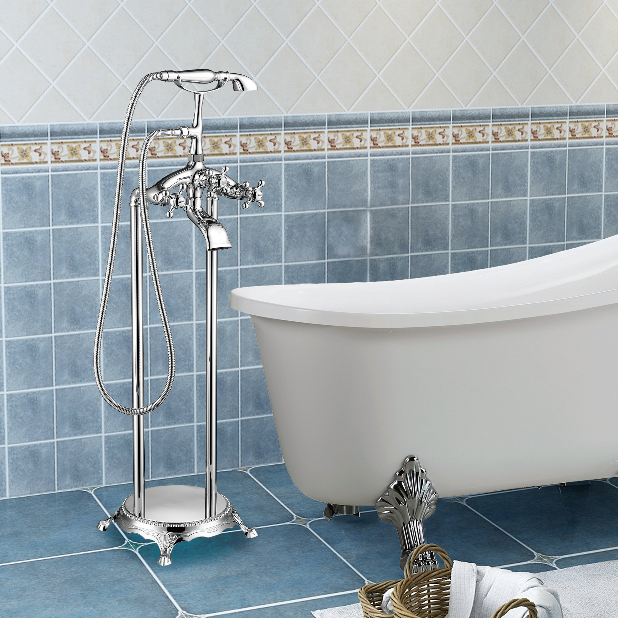 Floor Mounted Clawfoot Tub Faucet Trim, Polished Chrome