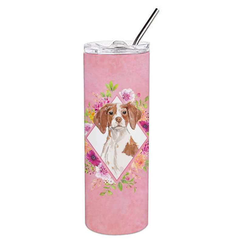 E23BF9F8391D466E9CA4F8DFEBD9A7DB de verre 20 oz à double paroi en acier inoxydable chiot, Épagneul Brittany, Rose