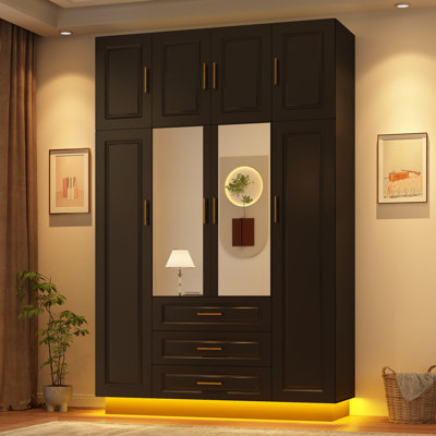 Armoire-penderie 4 portes à DEL avec miroir, armoire de rangement 90,6 po avec 3 tiroirs, tringle et armoire pour chambre à coucher