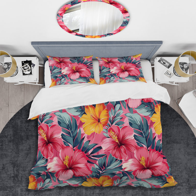 Ensemble de housse de couette moderne rose et vert Hibiscus, Housse de couette très grand et 2 très grandes t