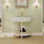 Console demi-lune artisanale à motif ondulé avec finition blanc crème, design unique en demi-lune avec tiroirs de rangement et tablette inférieure