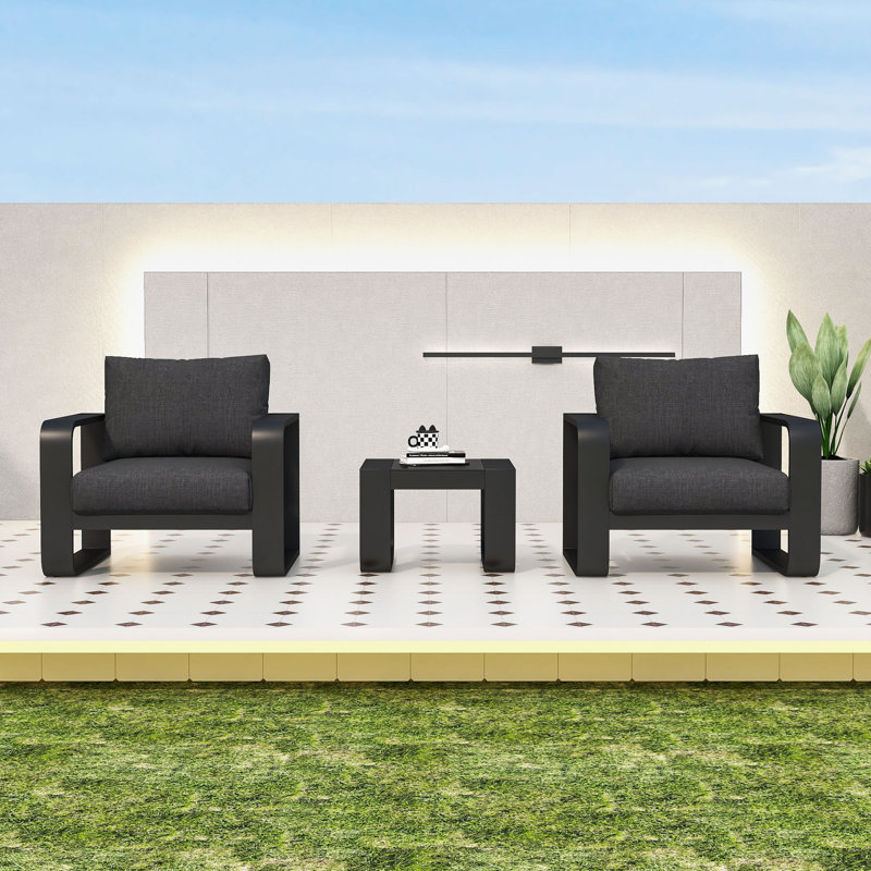 Obinna 3-Piece Outdoor Conversation Set with Removable Cushions and Tempered Glass Coffee Table