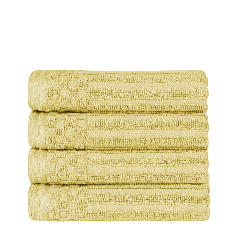 Kleiman Cotton Highly Absorbent Solid and Checkered Border Hand Towel Set, Yellow Gold
