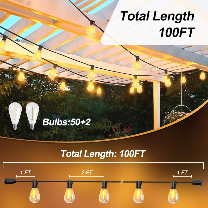 100FT Outdoor LED String Lights With 52 Shatterproof Dimmable Bulbs, Waterproof Patio Lighting For Porch Garden Backyard Balcony Pathways, 2700K Warm White