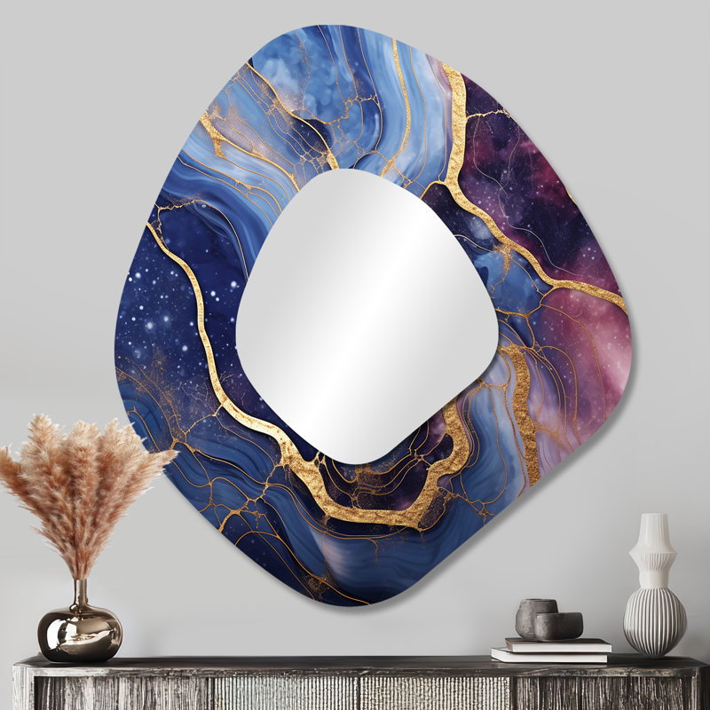 Burchett Blue and gold Abstract Marble Essence I - Marble Asymmetrical Decorative Mirror, Blue Unique Shape Wall Mirror, Printed Metal Art