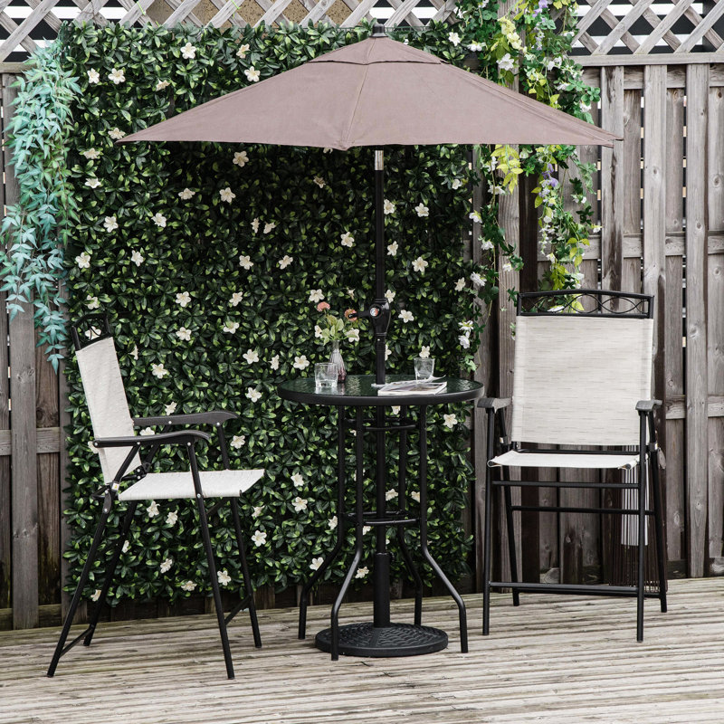 4 Piece Outdoor Patio Dining Furniture By - Beige. Includes 2 Foldable Chairs, Adjustable Angle Umbrella, Wave Textured Glass Table. For Patio, Poolside, Garden. Steel Construction Pieces. Folding