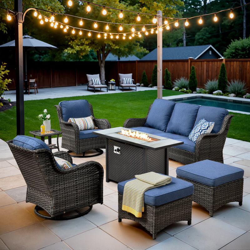 Guillen 5 - Person Wicker/Rattan Fire Pit Seating Group With Swivel Chairs and Cushions, Gray Frame/Blue Cushion