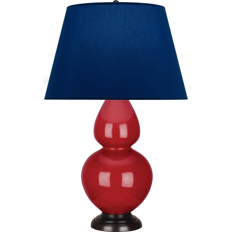 Lampe de table double gourde en céramique, Bleu marine/gris, Rouge rubis émaillé / bronze, Bronze