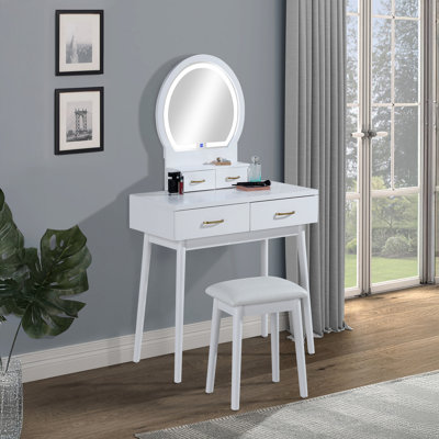 3pc Vanity Table And Stool Set Built-In Led-Lit Mirror Matching Cushioned Stool Gold-Accented Handles Wooden Home Furniture White