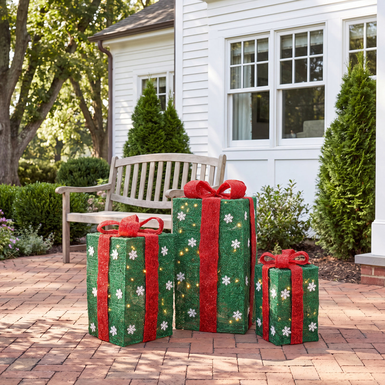 3-Piece Lighted Tall Green Gift Box Set