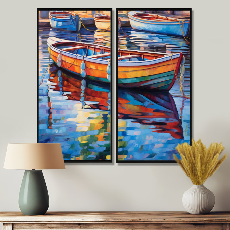 Bateaux dans le port - transport mural 2 panneaux de décor port côtier, H 40 po x l 40 po, Framed Print without Mat, Black