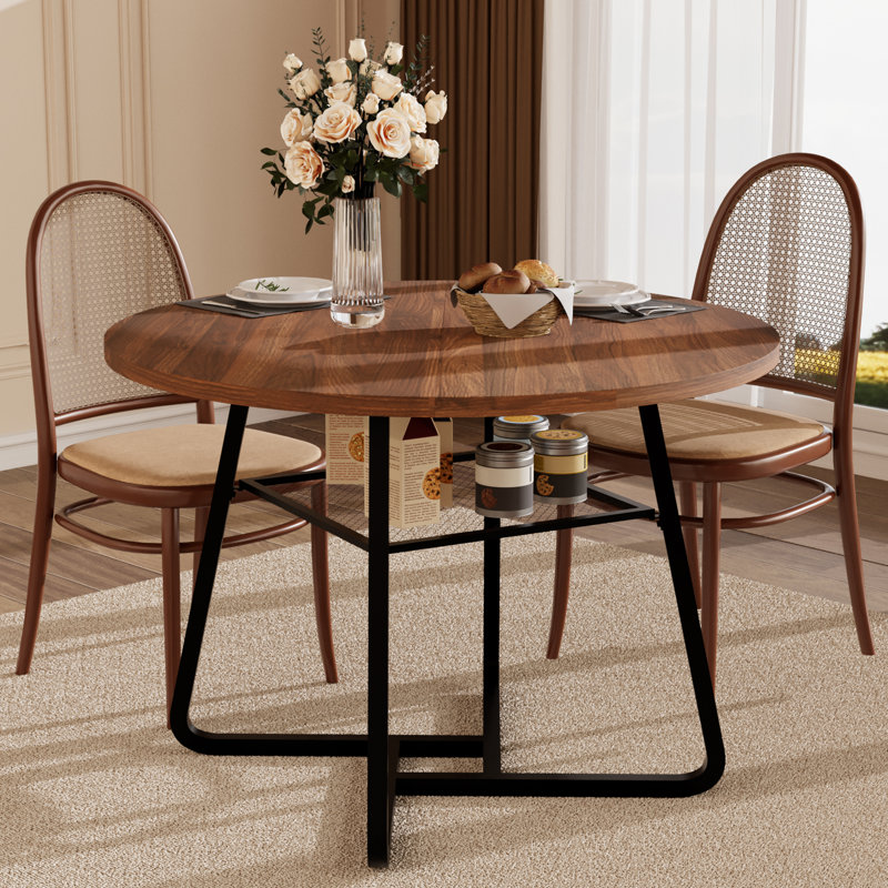 43" Industrial Round Dining Table for 4-6,Metal Mesh Shelf & Black Frame for Kitchen,Dining Room, Rustic Brown