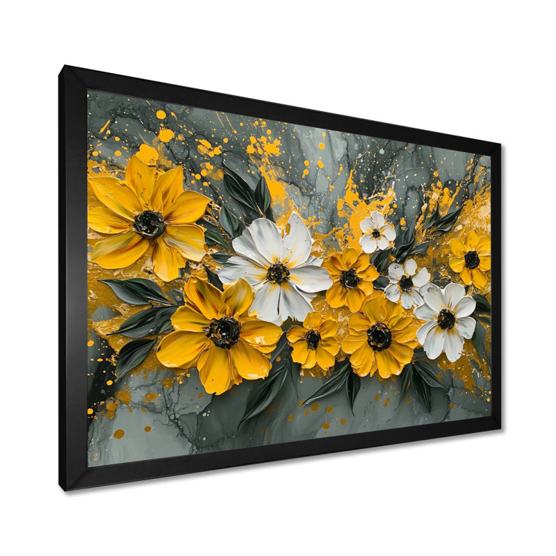 Jaciyah, fleurs jaunes d'été abstraites, jardin gris - Art mural fleurs sauvages, Reproduction encadrée d'une seule photo
