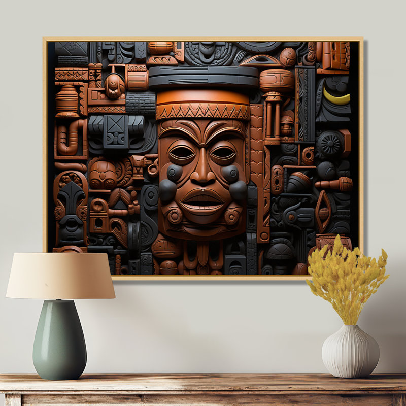 Masque africain brun et noir à motif de Kuba - Masque africain grand art mural, H 16 po x l 32 po x P 1 po