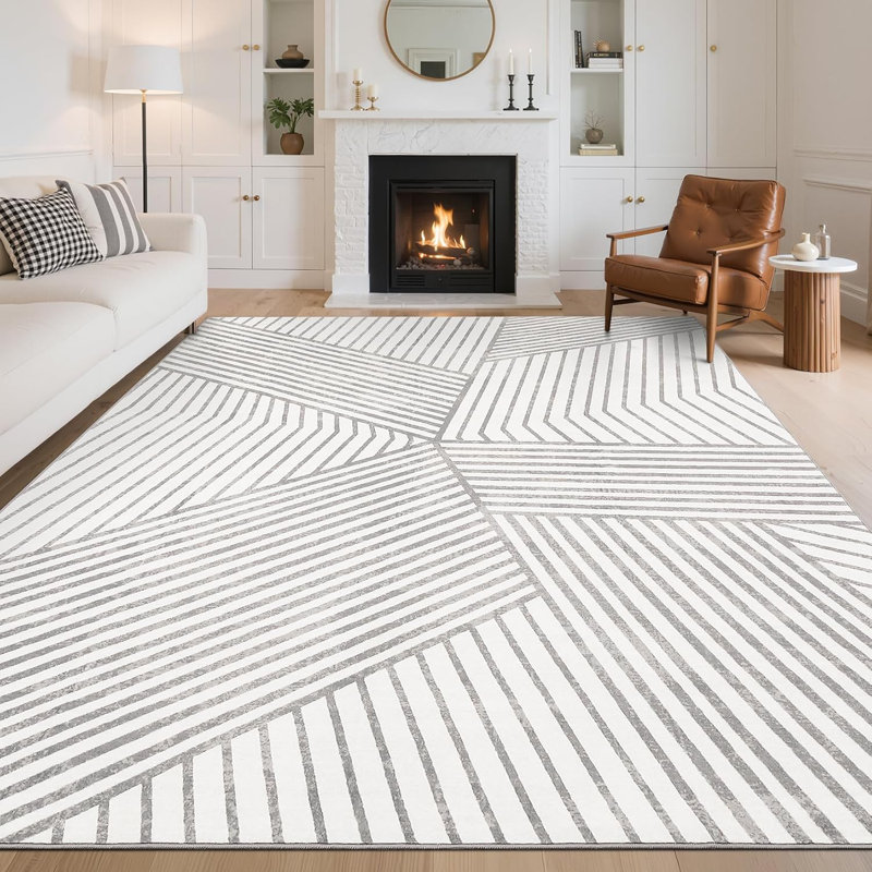 Modern Washable Striped Hallway Runner, Non-Slip, Low Pile, Farmhouse Rug for Kitchen & Laundry - Black, Rectangle 9' x 12'