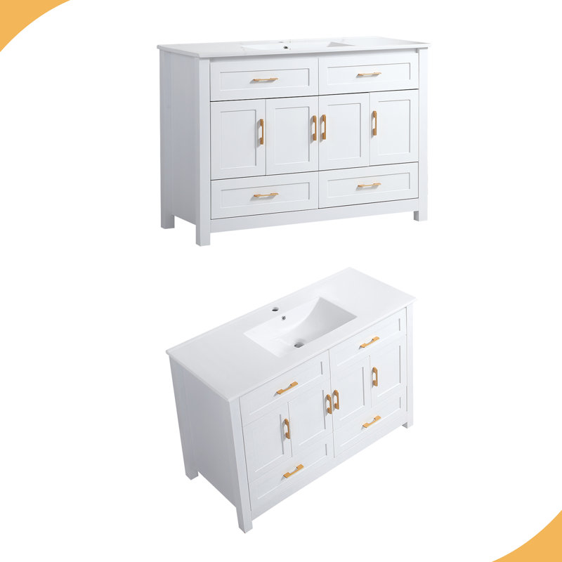 Meuble-lavabo de salle de bain avec lavabo en résine, armoire de rangement abondante - 4 portes à fermeture douce et 4 tiroirs, structure robuste