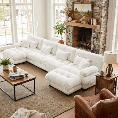 Canapé modulaire en forme de U à combinaison libre avec sièges profonds et 2 repose-pieds convertibles, blanc chenille