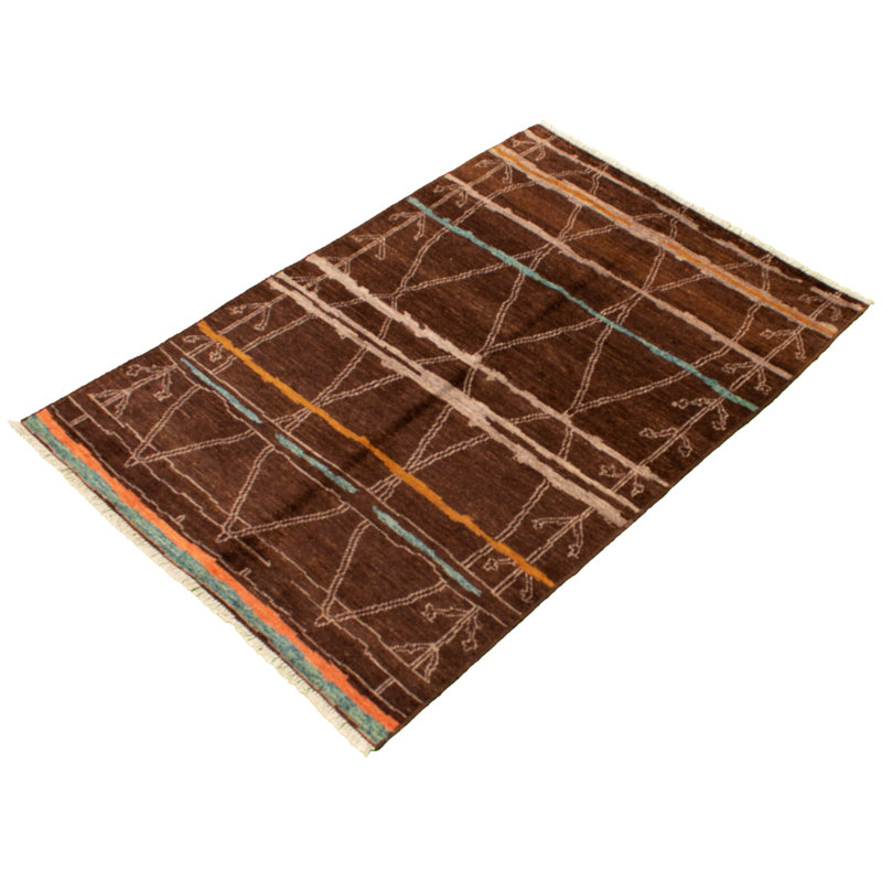 Tapis marocain brun foncé en laine nouée à la main de conception unique 5 pi 6 po x 8 pi 1 po New Age