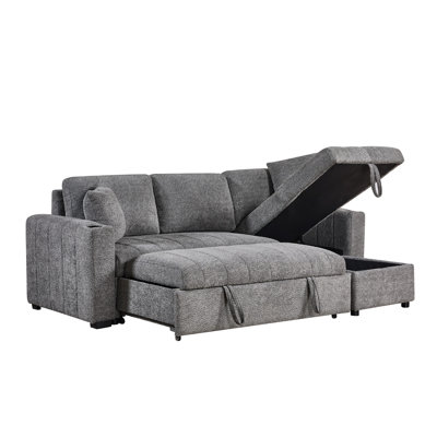 Canapé-lit d'angle Sery, méridienne de rangement, 2 coussins décoratifs, tissu bouclé gris