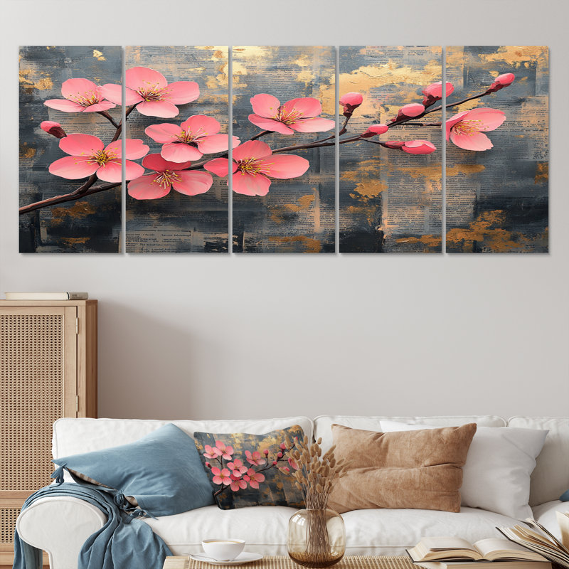 «Pink and Gold Spring Cherry Blossom II», ensemble d'art sur toile Cherry Blossom, H 28 po x l 60 po