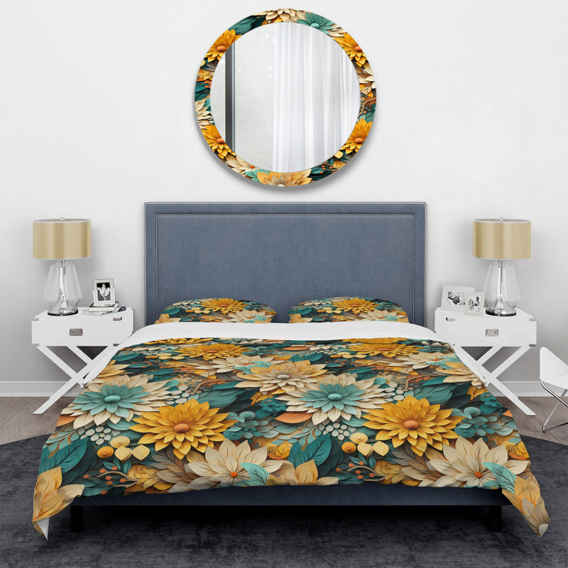 Literie à motif chorale de chrysanthèmes Mandala, Housse de couette pour grand lit et 2 taies décor