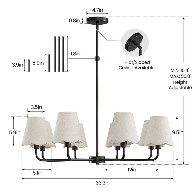 8-Light Modern Dimmable Chandelier With Fabric Shades, Matte Black