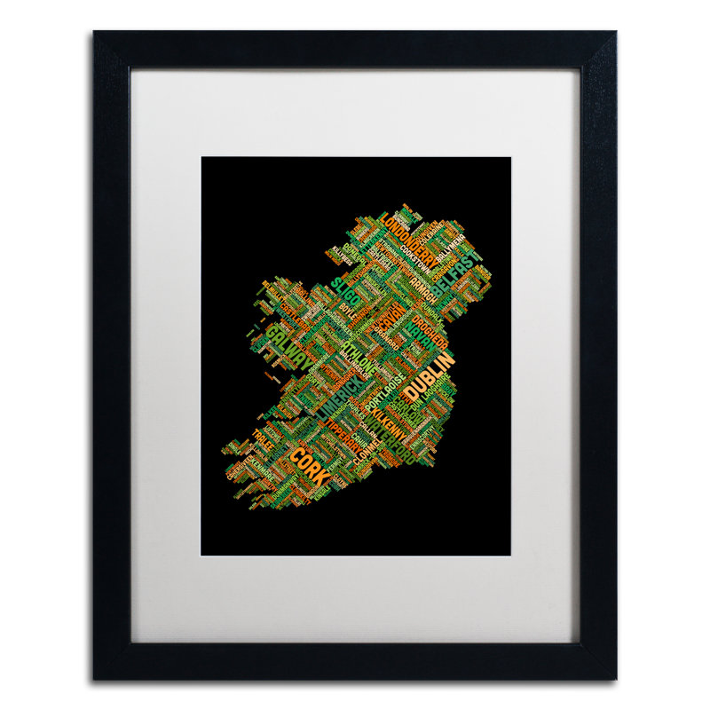 « ireland city text map », impression encadrée, H 20 po x l 16 po x P 0,5 po, Noir, Cadre argenté