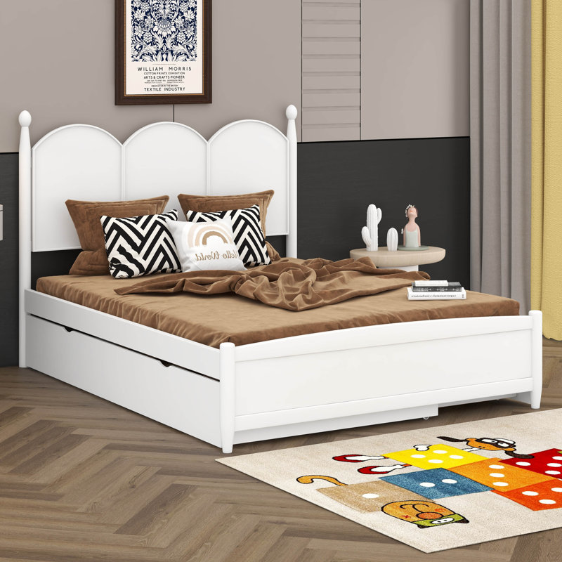 Grand lit plateforme avec tête de lit courbée, 2 grands tiroirs, cadre de lit en bois de style rustique avec lit gigogne simple TG
