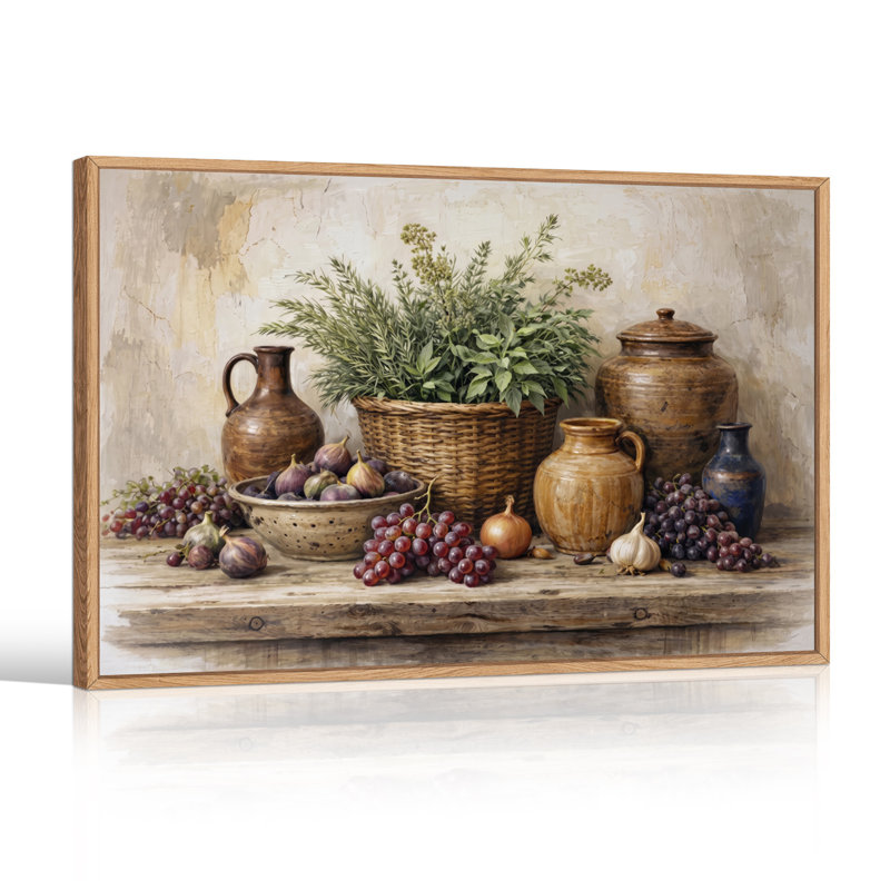 Raisins et figues avec herbes aromatiques dans un panier en osier et des pots en terre cuite - Tableau sur toile, 32"H x 48"W