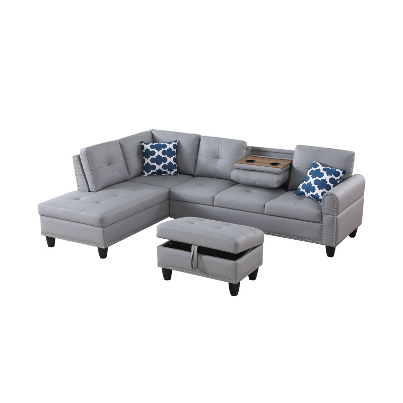 98" L-Shaped Sectional Sofa With Storage Ottoman,Modern 4-Seat Couch With 2 Built-In Cup Holders,Nailhead Trim,And 2 Toss Pillows