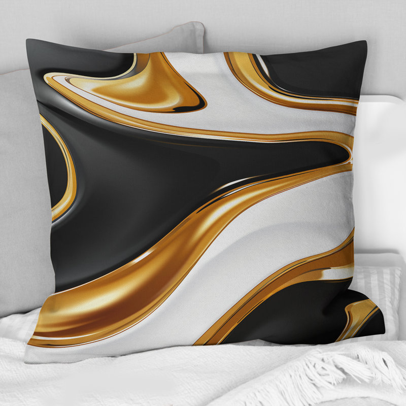 Coussin décoratif liquide or noir et blanc Wave Dimension I - Abstract Spirals