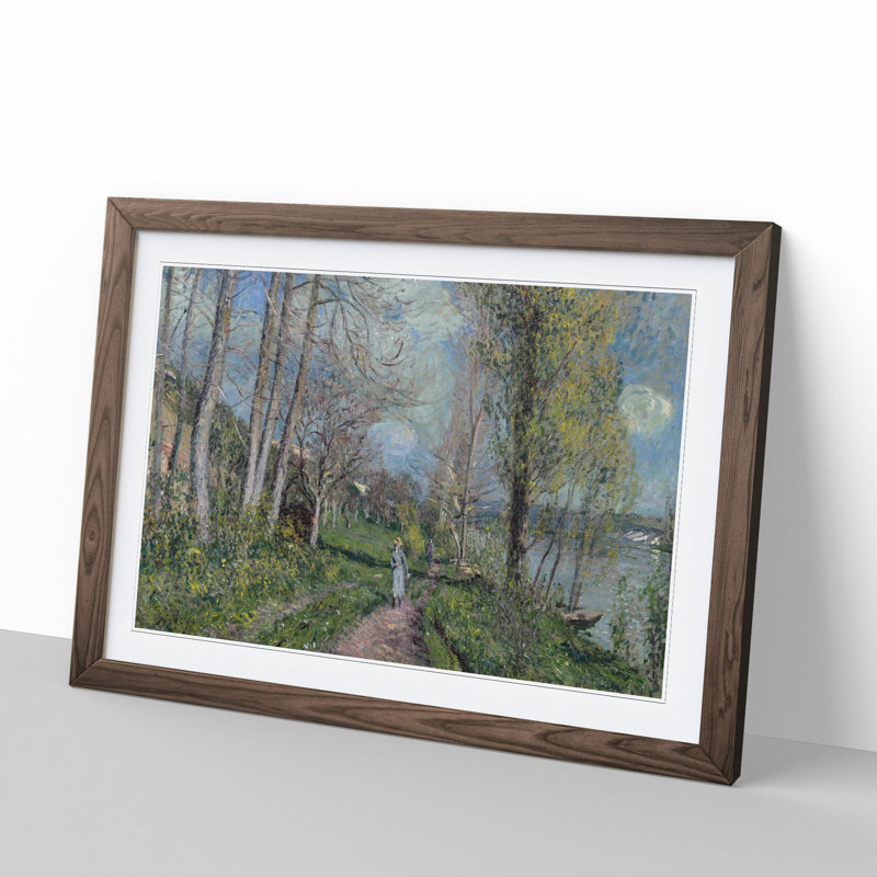 Banks of the River Seine by Alfred Sisley - Picture Frame Painting, 48cm H x 65cm W x 2cm D, Walnut Framed