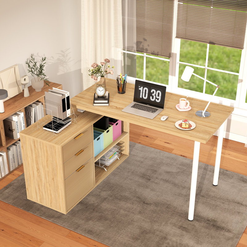 53" L-shaped Executive Desk with File Cabinet