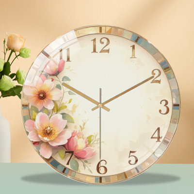 Floral Clock Face with Pastel Blossoms Art - 12'' Modern Glass Wall Clock