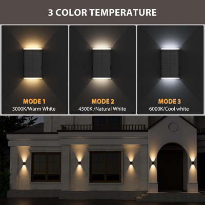 Solar Wall Light Outdoor,3000/4000/6000K 3 Modes Dusk to Dawn Lighting Wall Sconce IP67 Waterproof Up and Down Solar Lights Outdoor for House, Garage, Porch,Doorway (2 Pack)