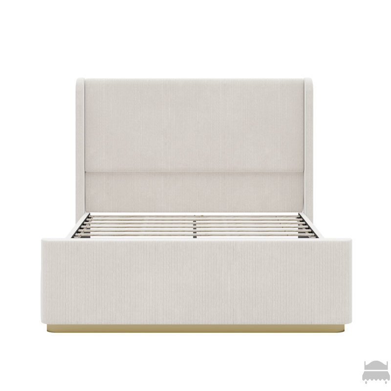 Queen Size Corduroy Upholstered Bed Frame With 130L Storage Ottoman, And Vertical Stripe Wingback Headboard And High Footboard