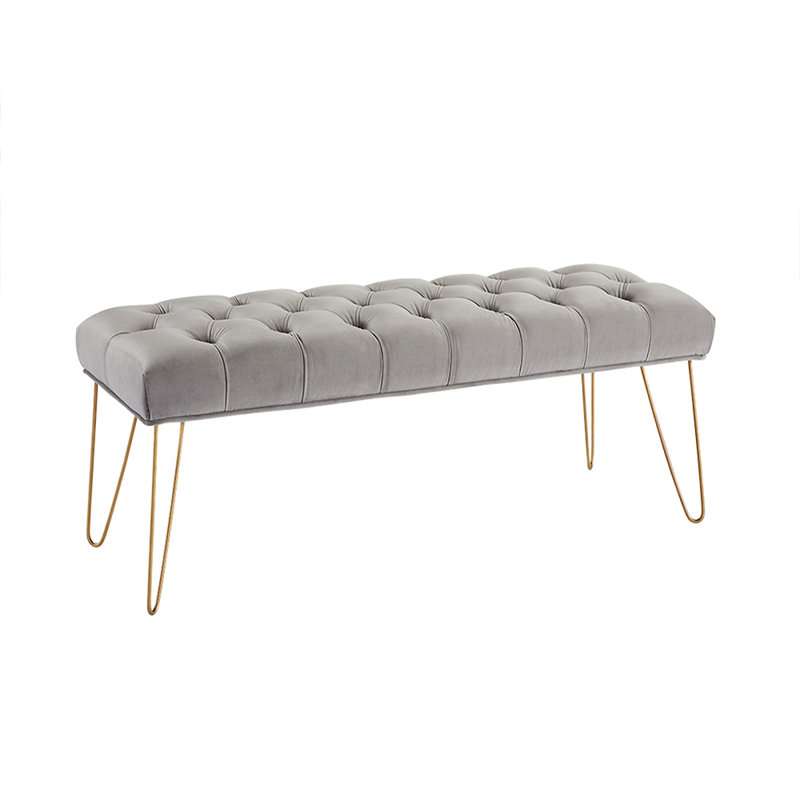 Banc en velours capitonné avec pieds dorés, Gris
