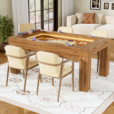 Board Game Table With Removable Top & Led Lighting, Big Dining & Gaming Table For 4-6 Players, Card Table Includes 4 Hobby Trays, Play Mat