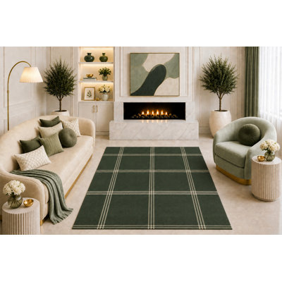 Tapis à motif écossais vert foncé 5 pi x 7 pi «Ultra Light Poids» avec motif à carreaux tartan minimaliste Salon Chambre Bureau Décoration intérieure Revêtement en silicone antidérapant à poils courts