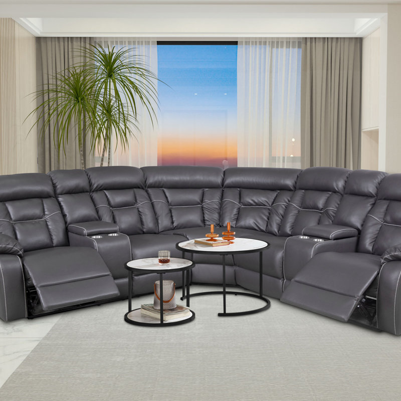 Canapé modulaire inclinable de 200,76 po Vangogne, Similicuir gris