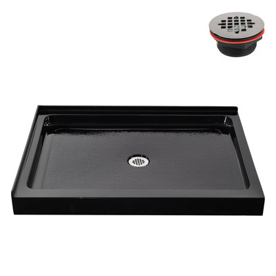 Base de douche 48 po x 36 po en acrylique noir brillant avec drain central, drain inclus