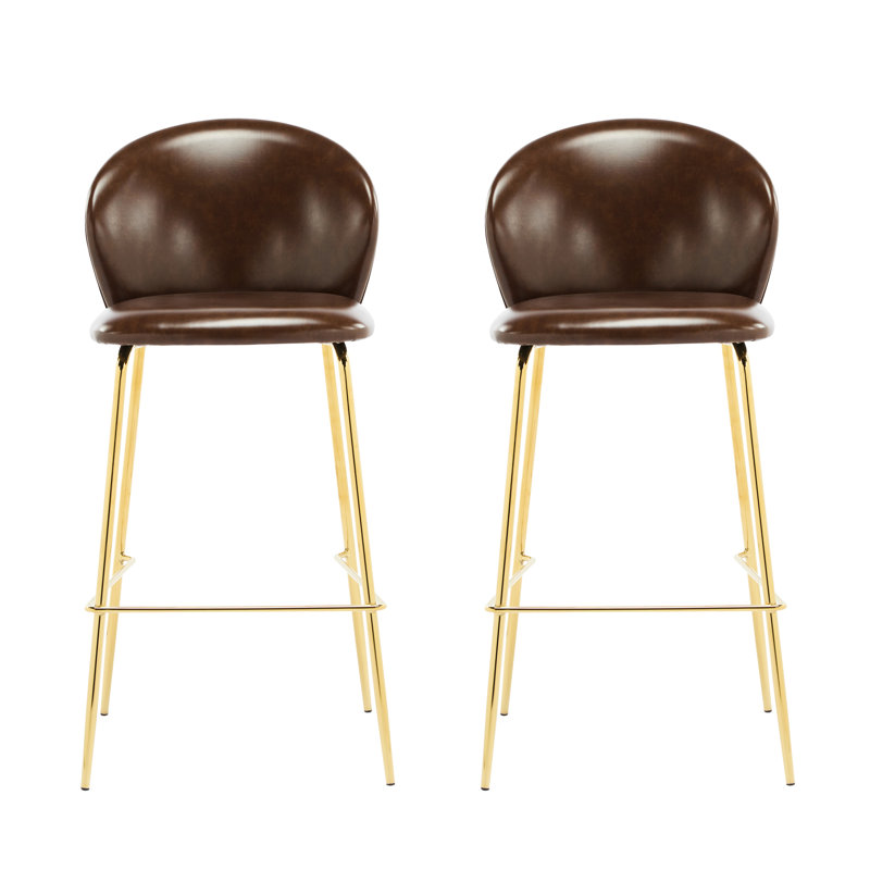 2 tabourets de bar en similicuir brun foncé, pieds en métal doré, et stable, dossier bas pour la salle à manger, hauteur réglable, ergonomie, cuisine à la maison