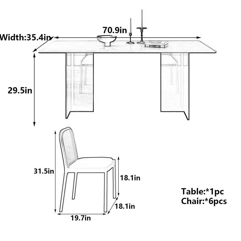 Table de dalle en pierre rétro avec pieds en acrylique, H 29,5 po x L 70,9 po x l 35,4 po