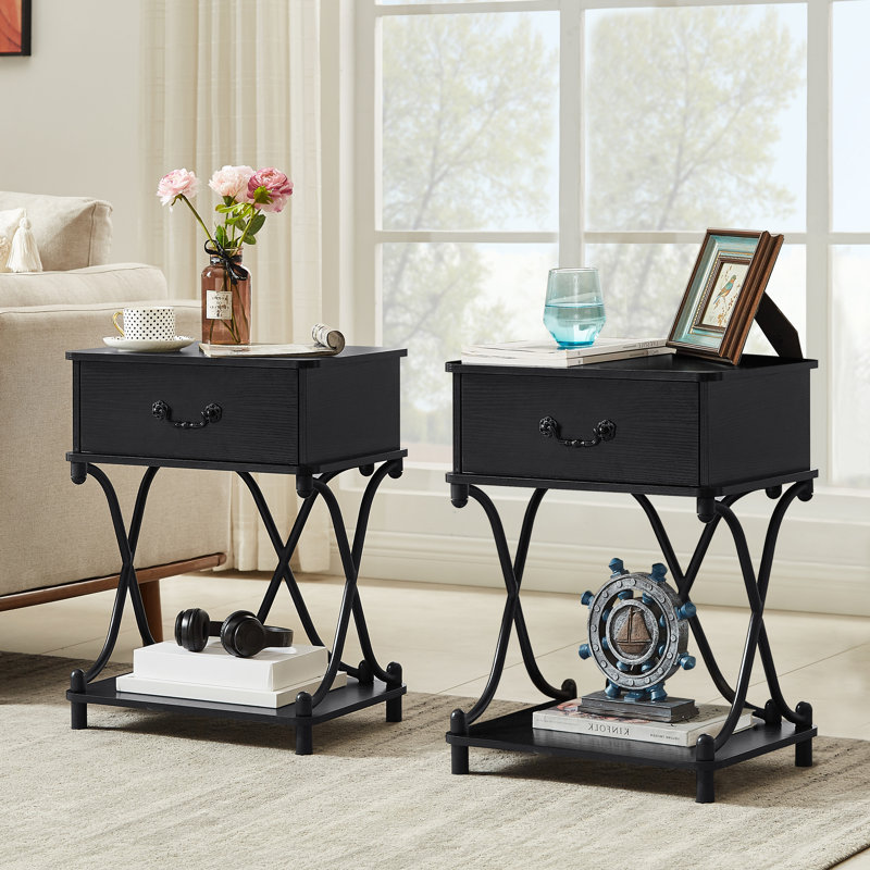 Kempst 17.7'' W Vintage Nightstand with Drawer and Storage Shelf, Set of 2 Metal Frame Bedside Table, Wooden End Table Set for Bedroom, Living Room, Small Space