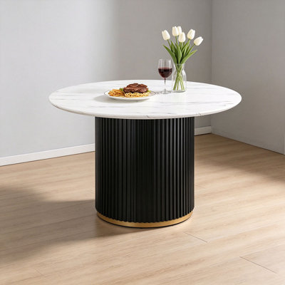 46 Inch Round Faux Marble Dining Table, Black Wave Metal Base with Gold Decoration - Accommodates 4 People for Kitchen & Dining Room