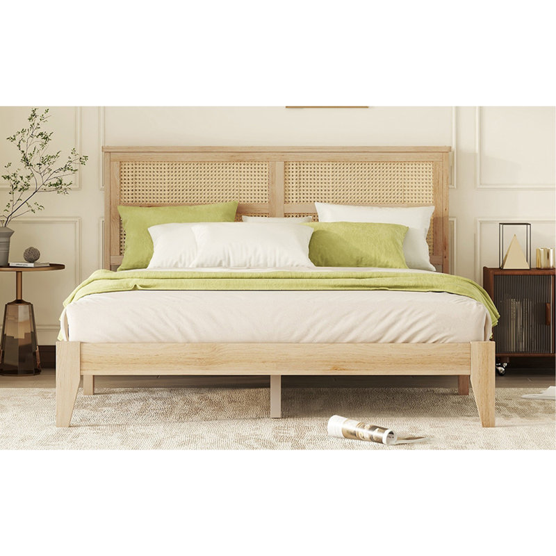 Queen Size Rubber Wooden, Solid Wooden Bed With Rattan Headboard, Enhanced By Support Feet,Oak White